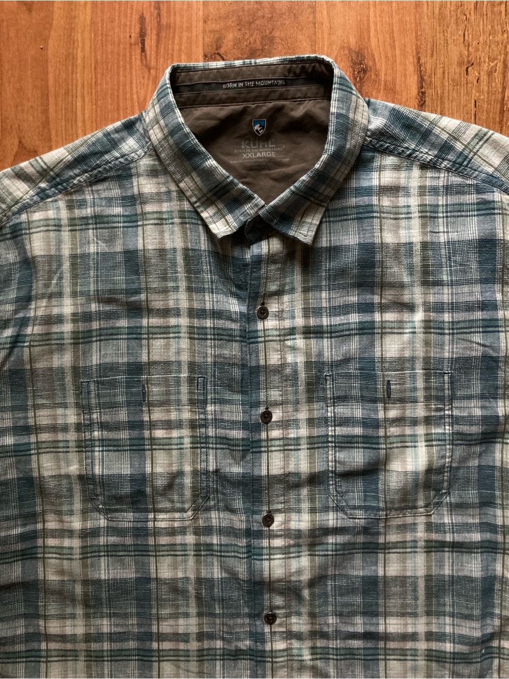Kuhl Short Sleeve Mens XXL Blue Plaid Linen Cotton Blend Button Up Shirt
